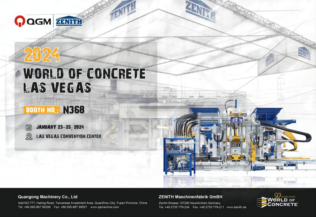 VELKOMMEN TIL Å BESØKE QGM-ZENITH BETONGBLOKKMASKINER PÅ STAND N368, WORD OF CONCRETE, 3-25, 2024